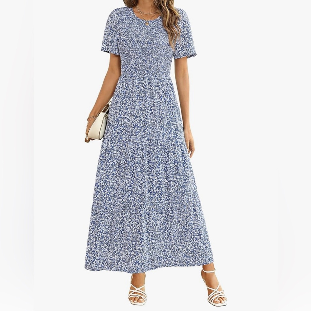 Maggeer Womens 2025 Smocked Short Sleeve Maxi Dress